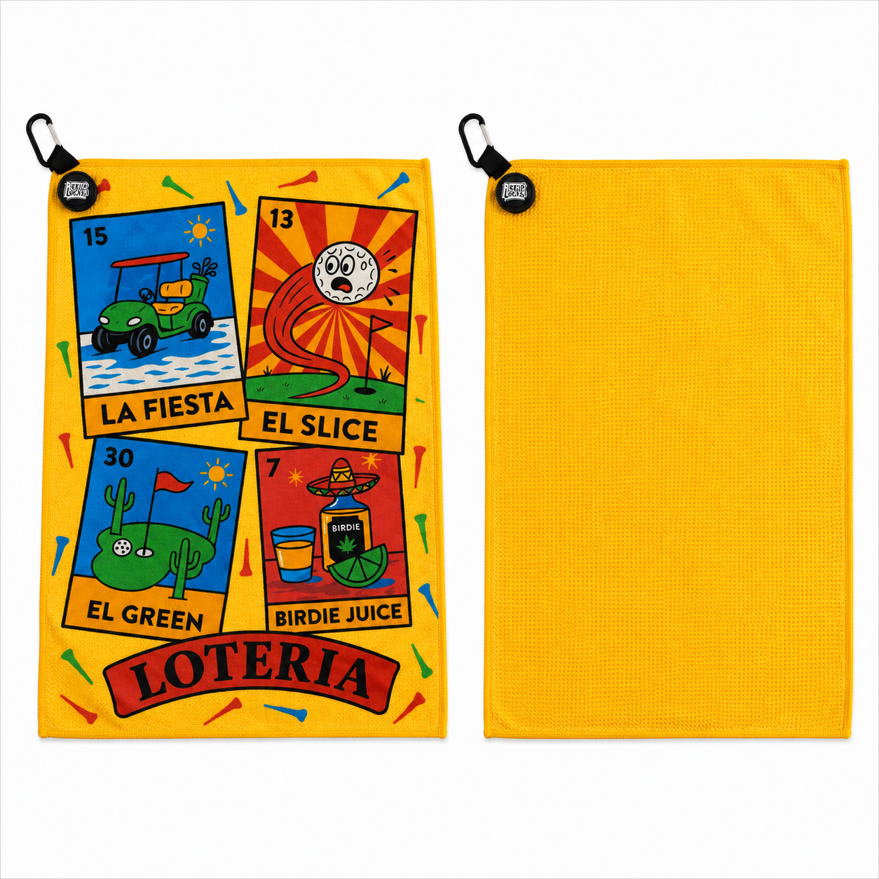 Loteria Golf Towel folded showing Loteria card design with carabiner clip