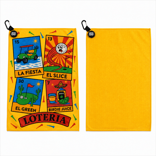Loteria Golf Towel folded showing Loteria card design with carabiner clip
