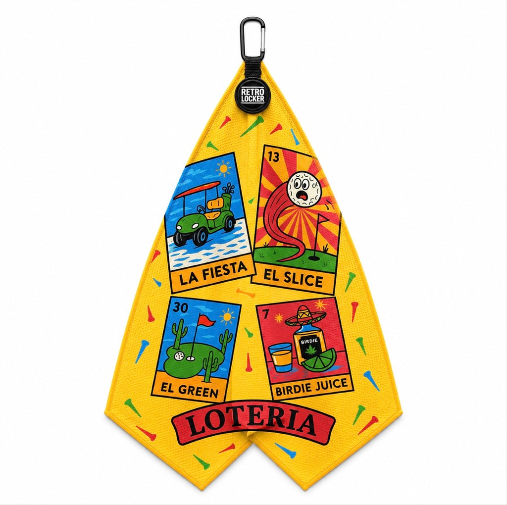 Loteria Golf Towel front and back view showing waffle texture