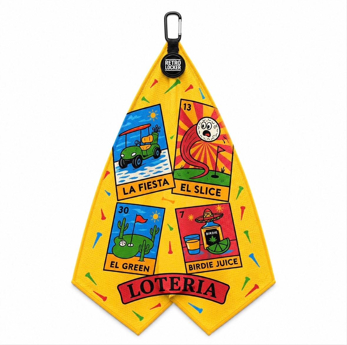 Loteria Golf Towel front and back view showing waffle texture